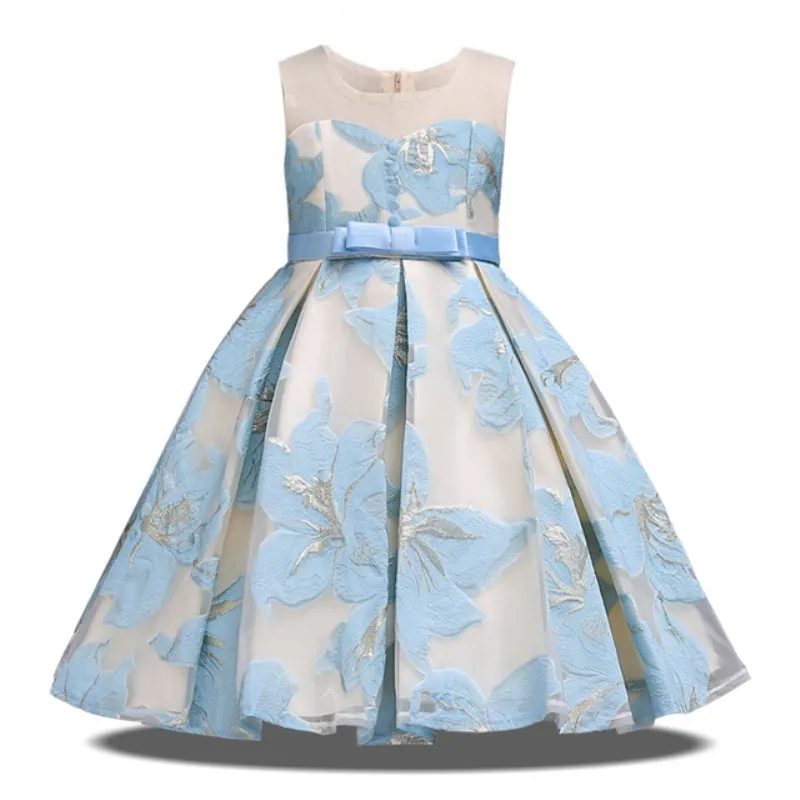sky blue Детская одежда с юбкой-пачкой в цветочек элегантные атласные кружевные платья без рукавов для девочек, вечерние платья принцессы для детей 3, 4, 6, 8, 10, 12 лет - Цвет: sky blue