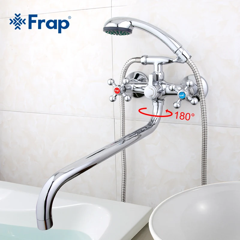 

Frap Wall Mounted Shower System Set Handheld Shower Bathroom Dual Hole Dual Handle Shower Faucet With Outlet Pipe F2619-2