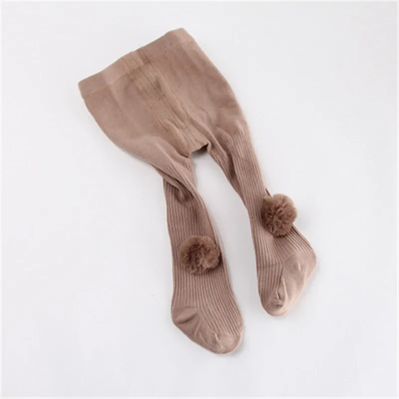 Beige Колготки для маленьких девочек детские колготки из чесаного хлопка, детские колготки однотонные колготки в полоску с помпонами и плюшевыми помпонами для малышей Весна-Осень - Цвет: Beige