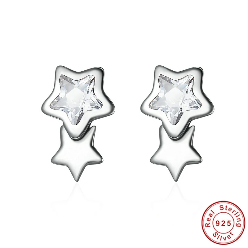 Hot Sale Genuine 925 Sterling Silver Sparking CZ Double Star Shape Stud Earrings for Women Fine Jewelry Bijoux | Украшения и