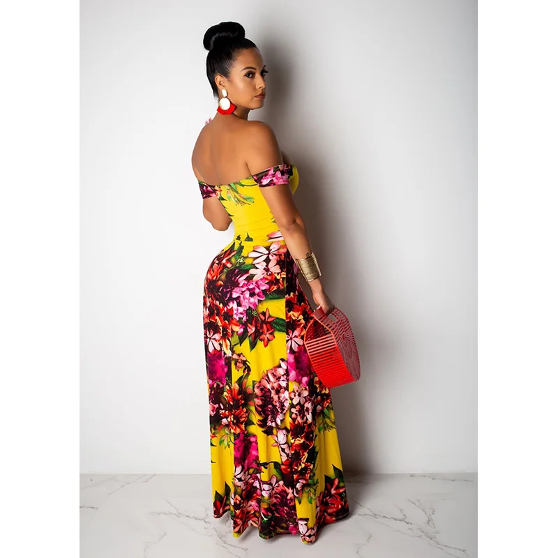 Женское платье с открытыми плечами и цветочным принтом разрезом|Женские платья| |