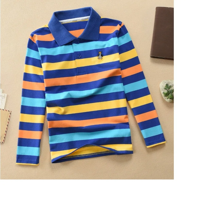 Хаки High quality 4-12 years old boy polo shirt long sleeve shirt lapel round neck striped solid color cotton T-shirt - Цвет: Хаки