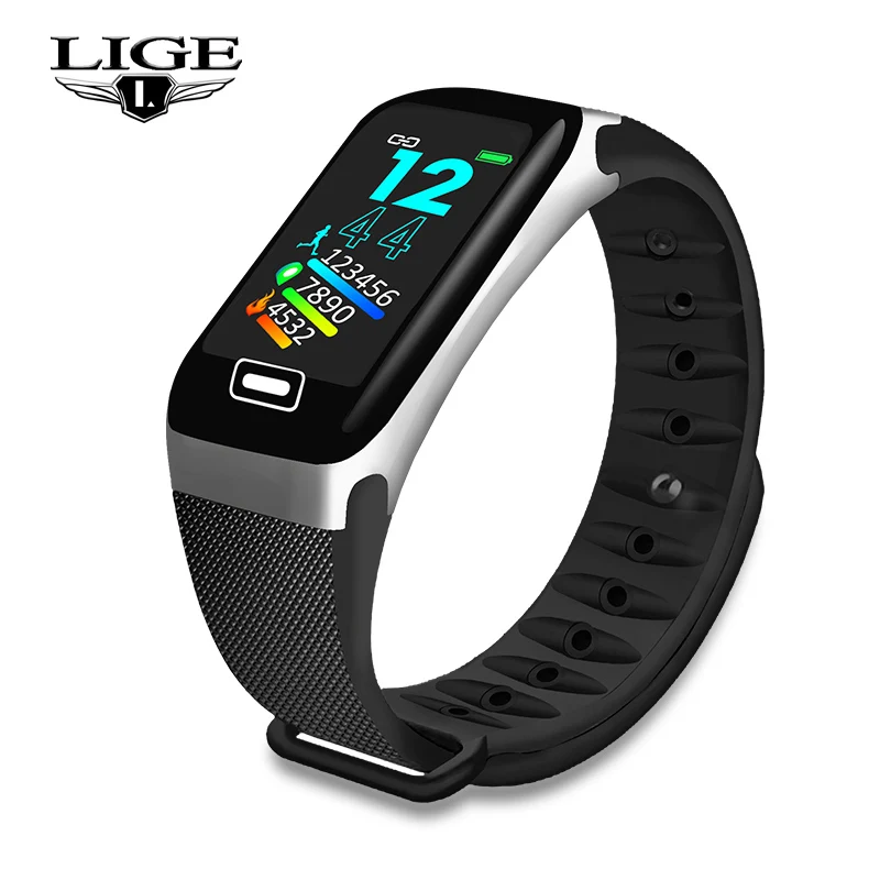 LIGE, умный браслет, мужские, IP67, водонепроницаемые часы, кровяной кислород, пульсометр, кровяное давление, монитор, Bluetooth, спортивные часы, смарт-браслет - Цвет: Silver black