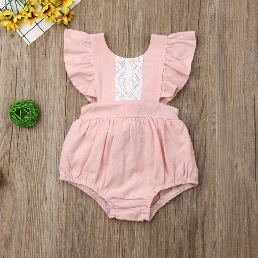 Newborn Infant Toddler Baby Girls Clothes Sister Matching Pink Sleeveless Causal Ruffle Lace Romper Dress Outfits Set | Детская одежда