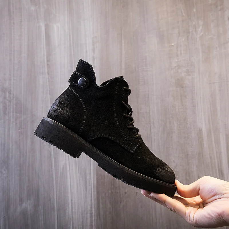 Suede genuine leather v open martin boots women autumn and winter shoes new chunky heels lace up short motorcycle booties mujer | Обувь
