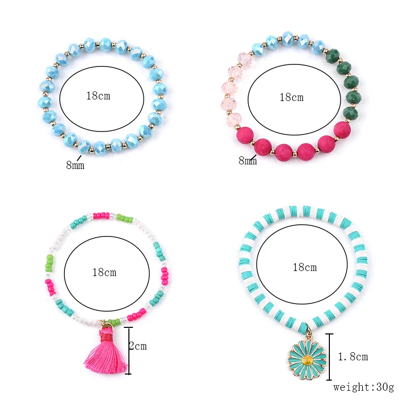 BOJIU Cute Rubber Acrylic Crystal Charm Bracelets Women Sky Blue Pink Green Red Beads Flower Tassel Set BCSET208 | Украшения и