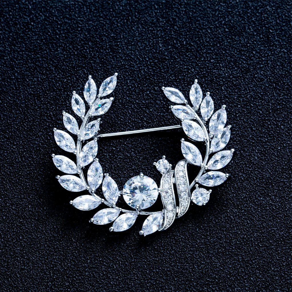 Silver Элегантные Роскошные Броши оливковой ветки для женщин, ювелирные аксессуары, брошь с цирконием, булавки - Окраска металла: Silver