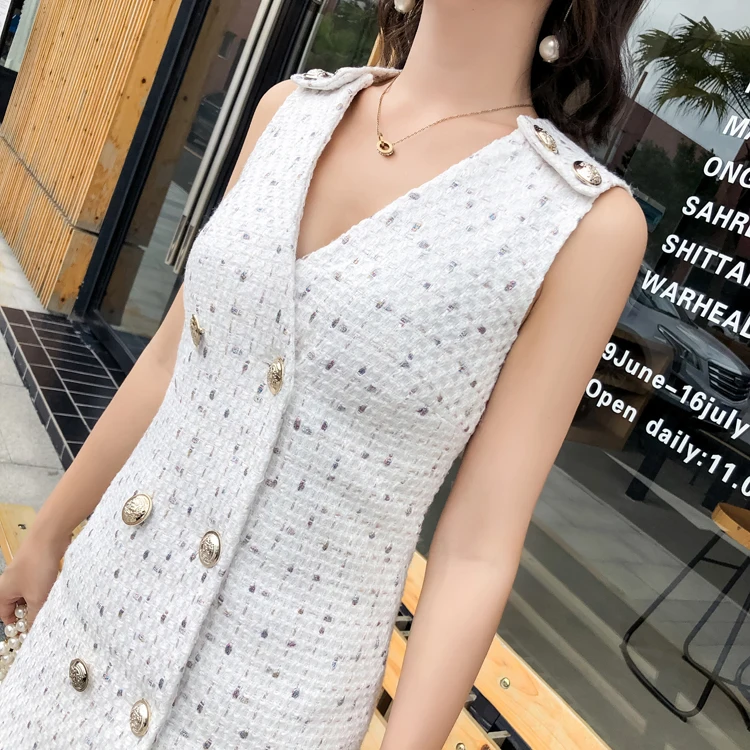2018 Newest Fashion Design Brand Tweed Dress Lady Sleeveless Slim Women Double-breasted White Elegant Casual Woolen Mini Dresses | Женская