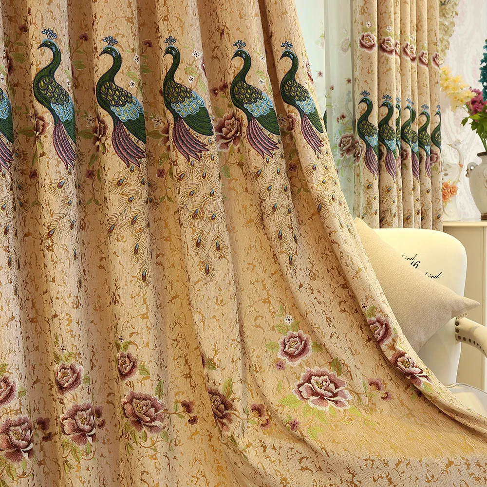 

European and American Luxury Peacock Embroidery Blackout Curtains High Grade Coffee Jacquard Curtain For Living Room Bedroom