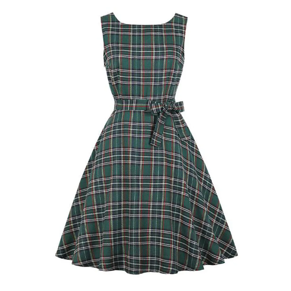 Женское винтажное платье в клеточку летнее без рукавов с высокой талией вечернее