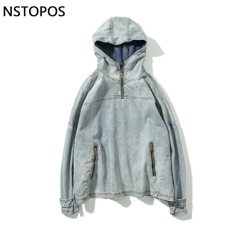 Hoodie Jeans Jacket Half Up Zipper Pullover Denim Outwear Fashion Hip Hop Men Casual Oversize Skateboard 2018 | Мужская одежда