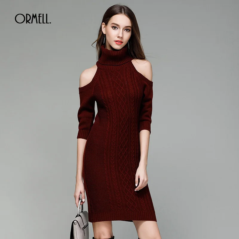 Женское трикотажное платье ORMELL осенне зимнее с высоким воротом и коротким