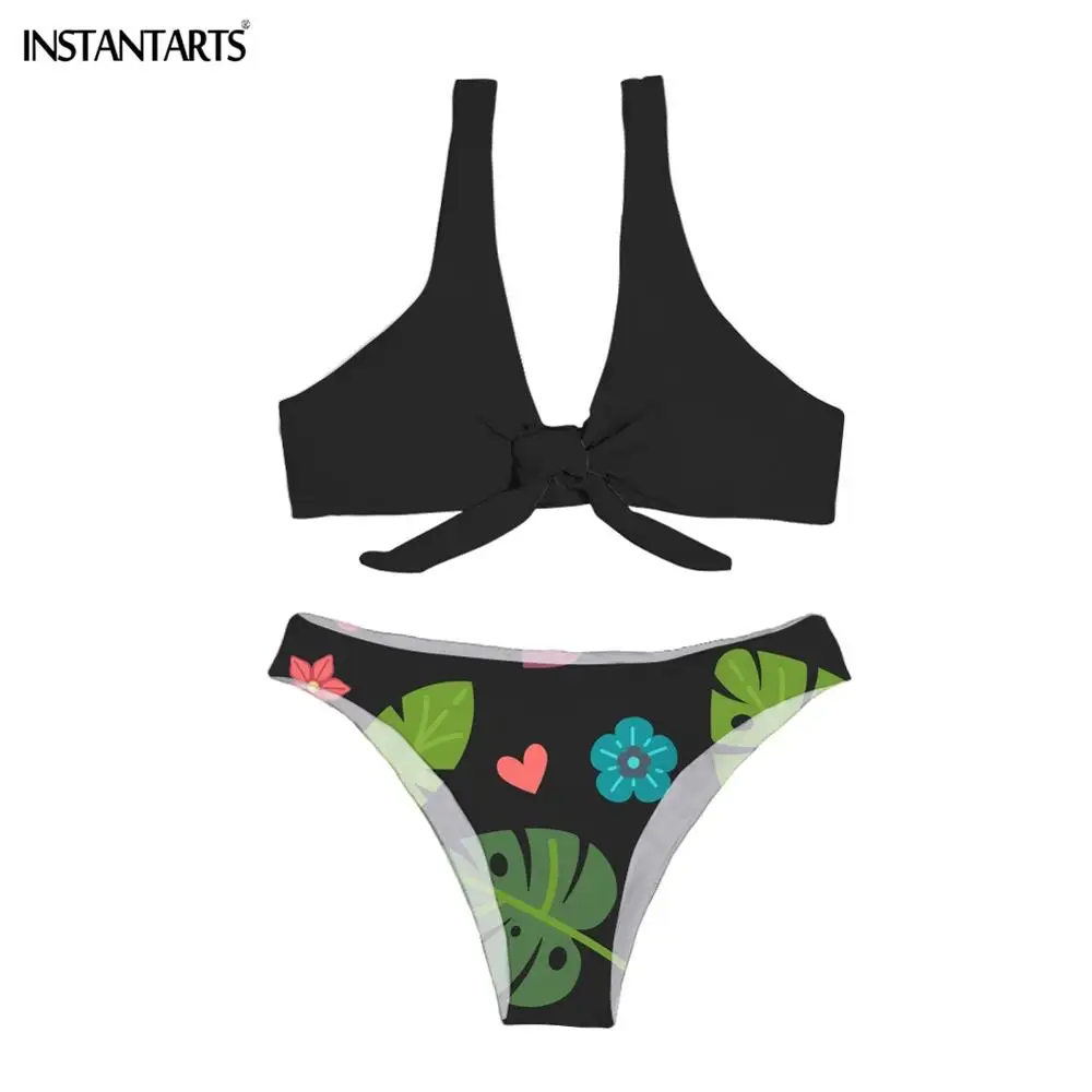 INSTANTARTS Brazilian Woman Summer Sexy Two Piece Swimsuits Bow Tie Backless Tropical Floral Leaf Print Bikini Set Bathing Suits | Женская