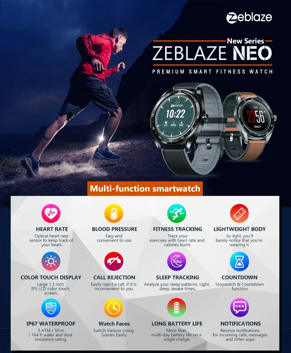 Оригинальные Смарт-часы Zeblaze NEO, пульсометр, кровяное давление, многогранные Смарт-часы, мужские цветные сенсорный дисплей, уведомления о сообщениях