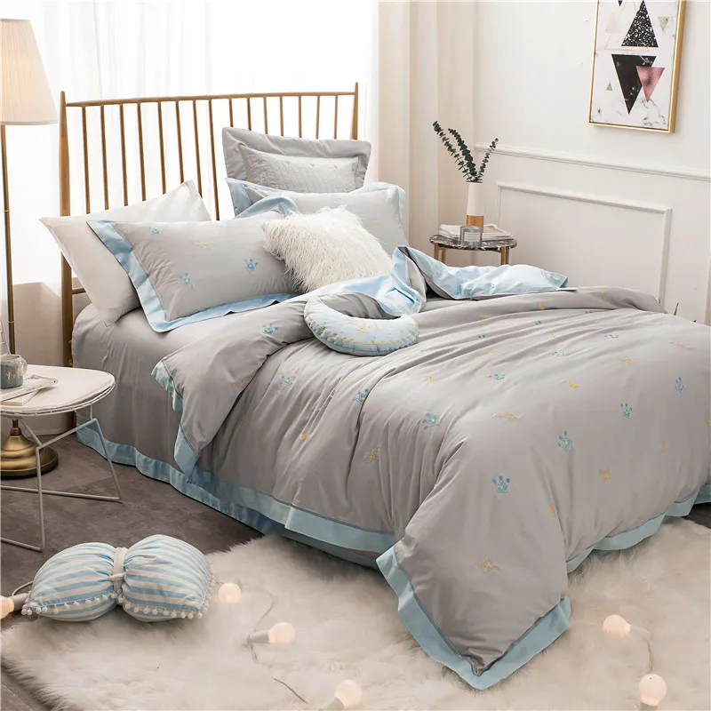 2018 постельное белье из египетского хлопка с вышивкой в виде короны серое