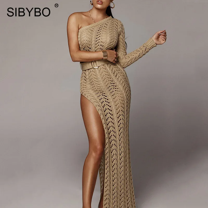 As Shown Sibybo трикотажное летнее платье с разрезом от бедра, женское свободное сексуальное длинное пляжное Повседневное платье макси, вечерние платья - Цвет: As Shown