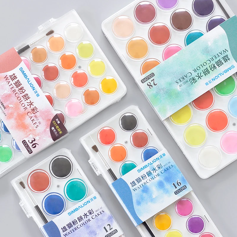 Simbalion Solid Watercolor Paint 12/16/28/36 Color Transparent Portable Water soluble Pigment With Paintbrush Art Supplies | Канцтовары