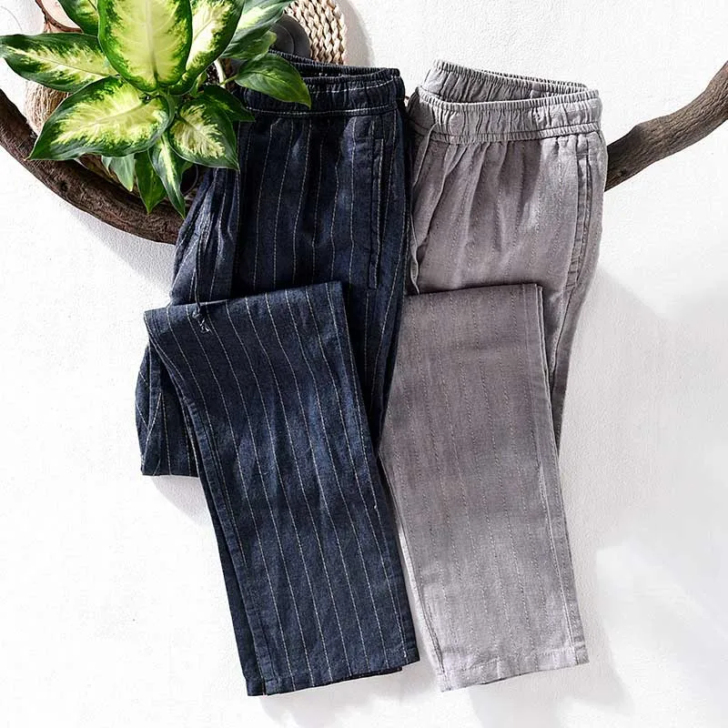 Весенне летние новые модные льняные брюки в полоску стиле ретро мужские