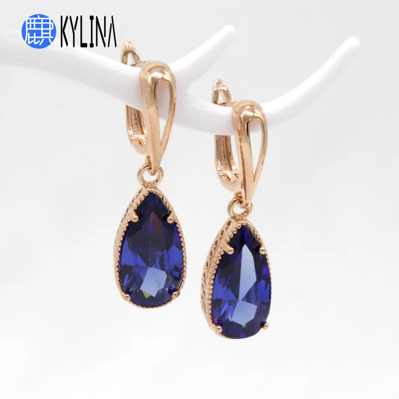 KYLINA Classic 8 Color Water Drop Cubic Zirconia Dangle Earrings 585 Rose Gold Bohemia Eardrop For Women Girl Wedding Jewelry | Украшения и