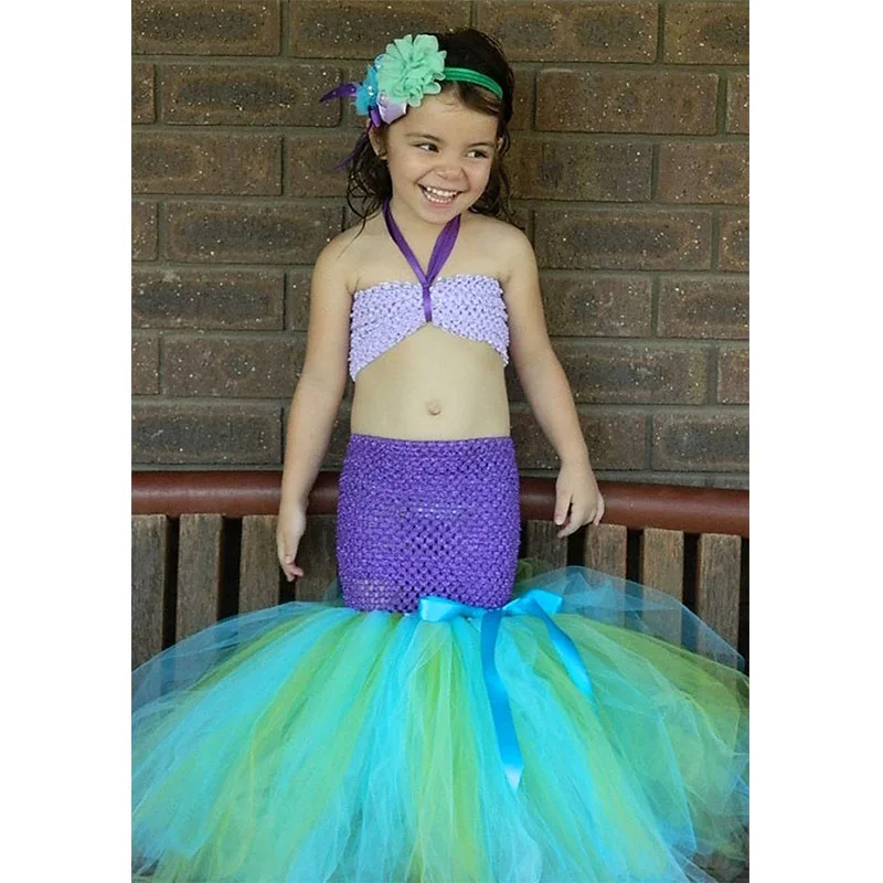 Mermaid Girls Tutu Dress Princess Ariel Kids Tulle with Flower Headband Costume Under the Sea Birthday Photo Prop | Детская одежда и