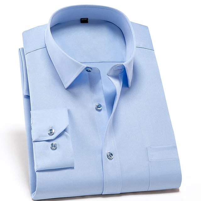 Light Blue Мужская классическая стандартная стрейчевая рубашка с одним накладным карманом, тонкая формальная деловая однотонная белая Базовая рубашка с длинным рукавом - Цвет: Light Blue