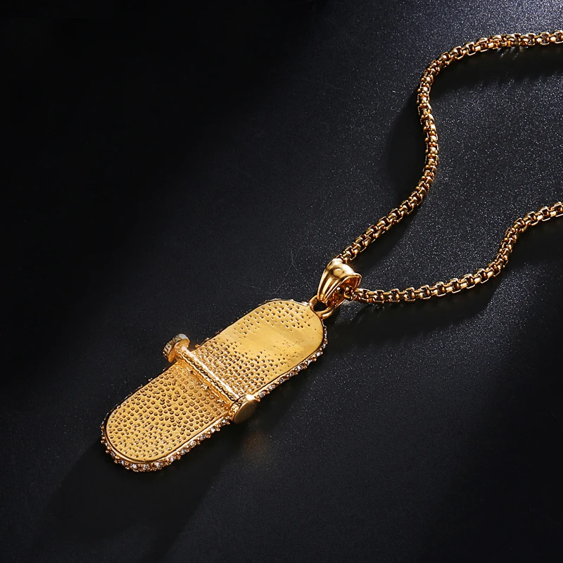 Хип-хоп Bling Iced out подвеска в виде доски для скейтборда ожерелье золотого цвета 316L