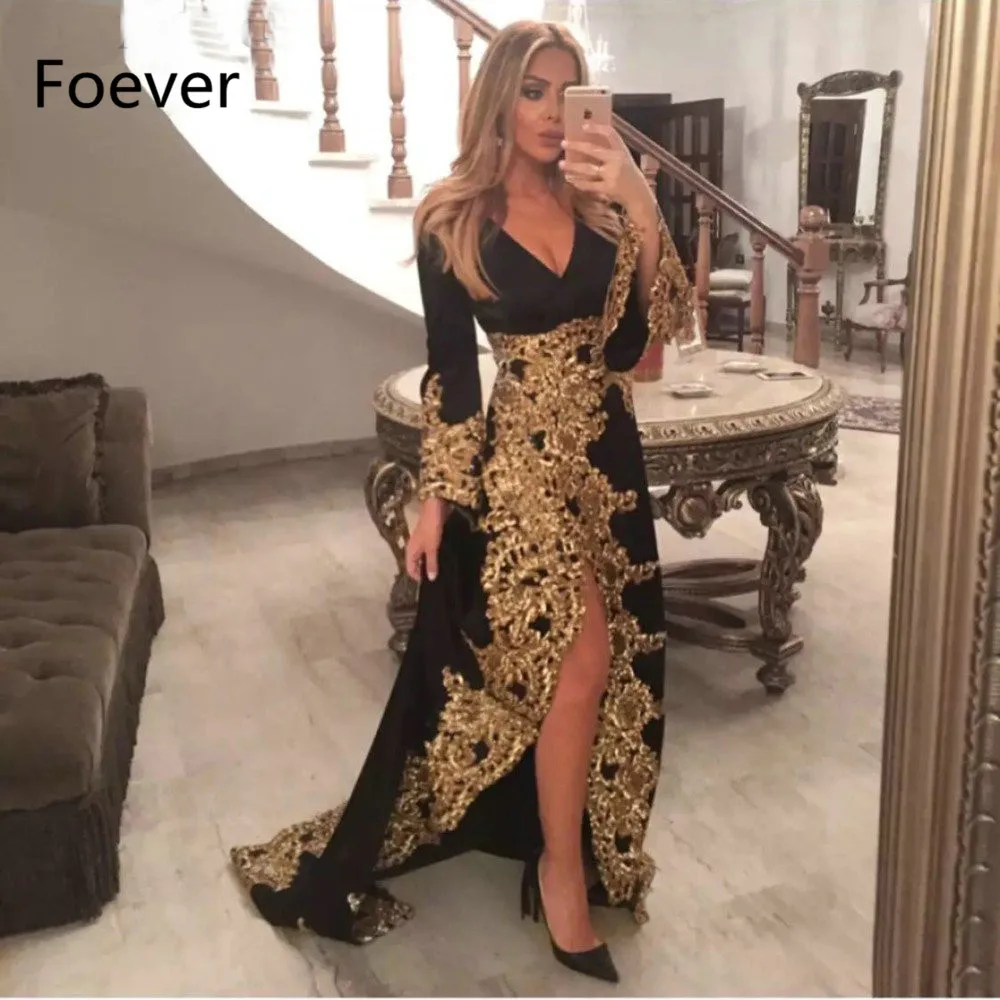 

Saudi Arabic Black/Gold Evening Dresses Long Sleeves Applique Sexy V-neck Side Split Dubai Prom Formal Dress Robe De Soiree