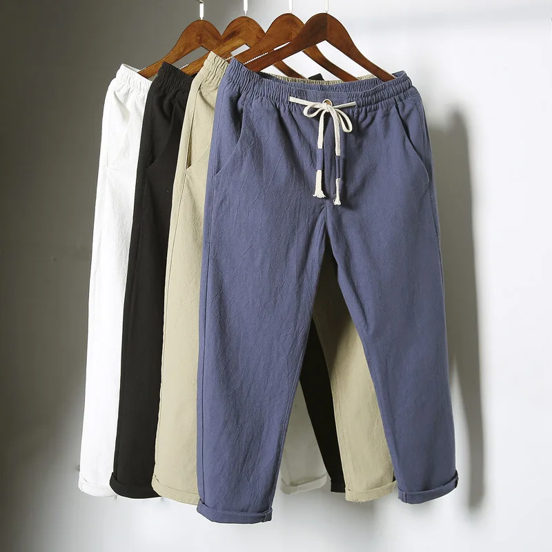 

#2607Summer Cotton Linen Pants Men Casual Elastic Waist Vintage Harem Trousers Thin Plus Size Linen Harem Pants White Black Blue
