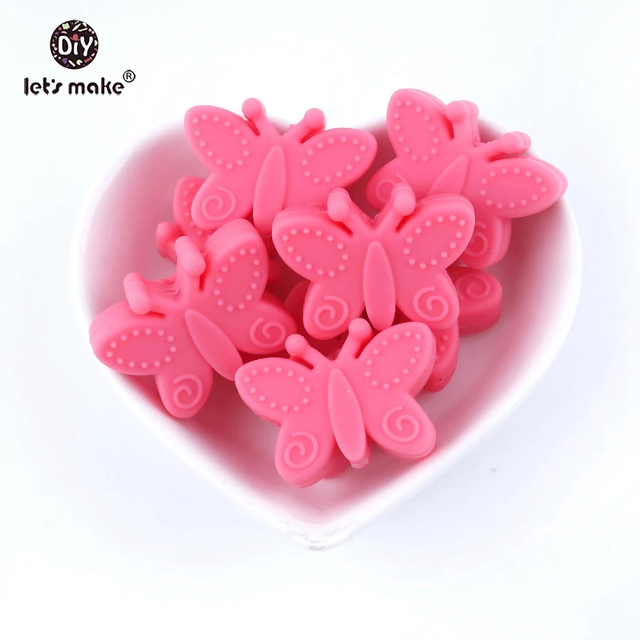 butterfly hot pink Давайте изготовим Силиконовые Прорезыватели в виде бабочек, 10 шт., без бисероплетения, силиконовые бусины, картонная коробка, сделай сам, мобильная детская коляска, Детские Прорезыватели - Цвет: butterfly hot pink