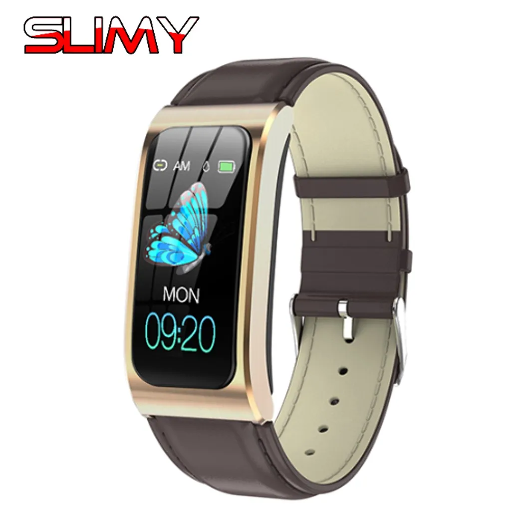 Leather Gold Strap AK12 умный Браслет цветной экран IP68 Водонепроницаемый для женщин и мужчин пульсометр монитор кровяного давления цикл трекер активности спортивный браслет - Цвет: Leather Gold Strap