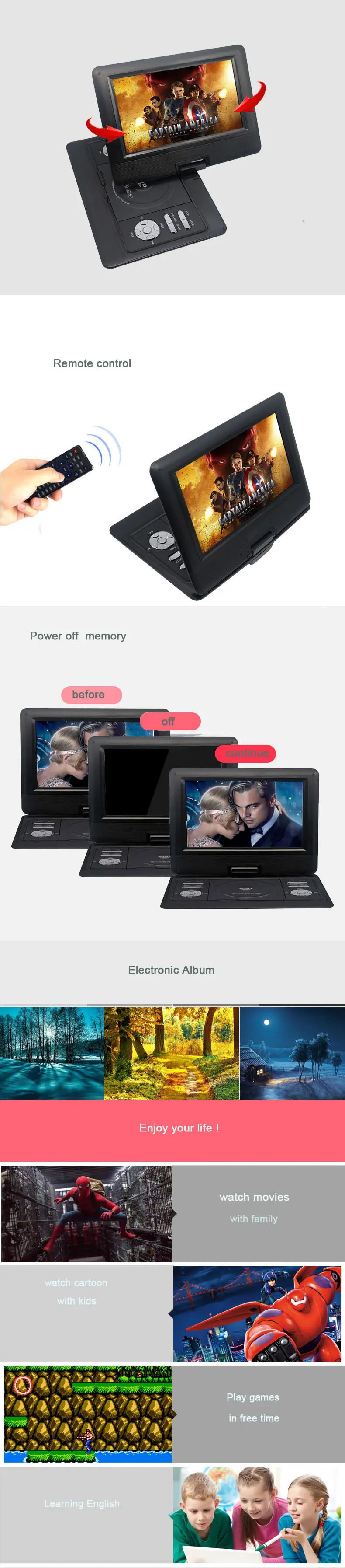 LONPOO 10,1 дюймов портативный dvd-плеер TFT lcd экран мультимедийный dvd-плеер с автомобильным зарядным устройством и функцией игры Поддержка DVD/CD/MP3