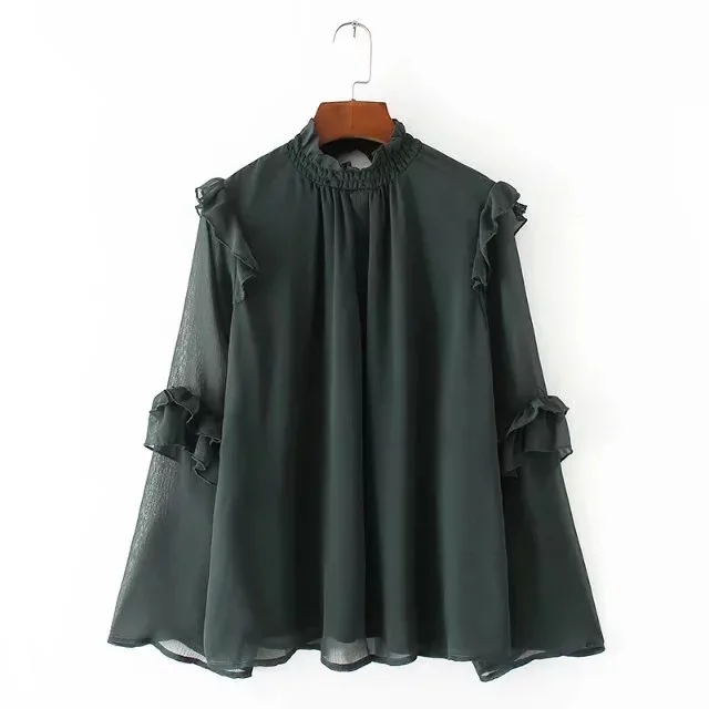 Осень 2017 г. Новый стиль Для женщин Мода Стенд воротник с длинным рукавом оборками
