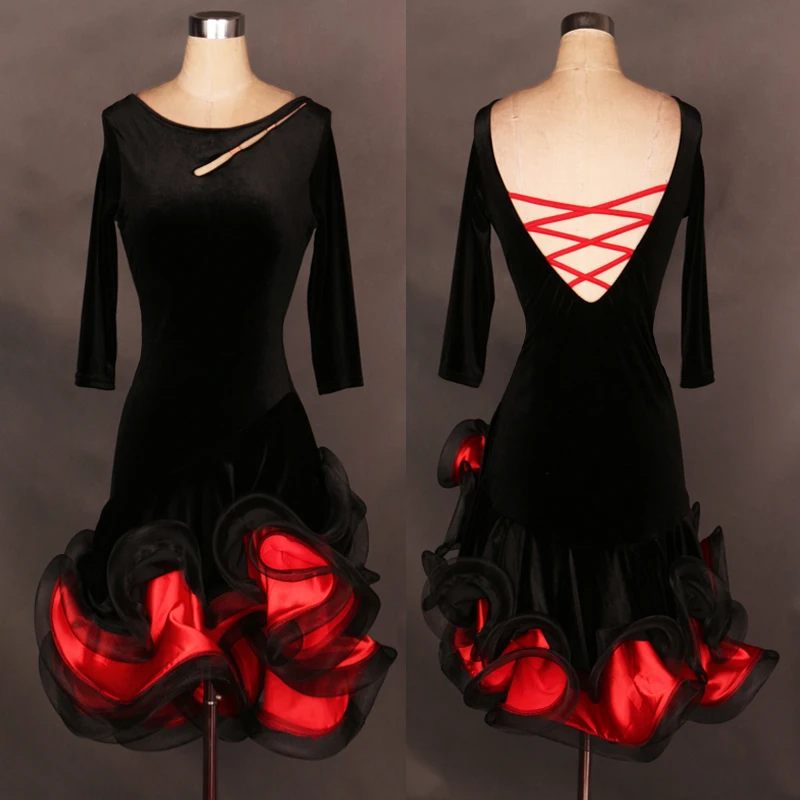 

women velvet flower black Leopard Latin dance dress rumba tango international competition costumes female square dance clothing