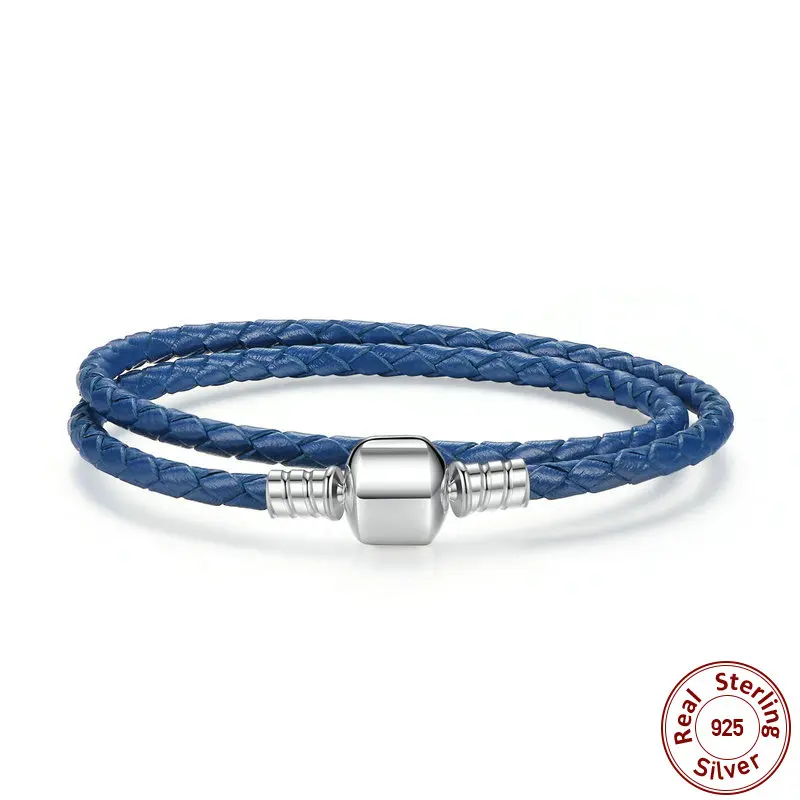 Blue 34cm 925 пробы, серебряный, натуральная кожа, длинная цепочка, регулируемый, Homme Femme, браслеты для женщин, со змеиным замком, ювелирное изделие, WEUS908 - Окраска металла: Blue 34cm