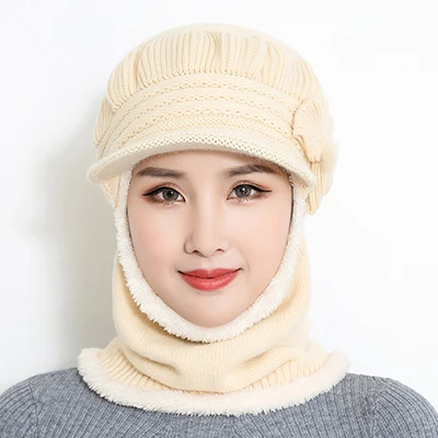 beige Женские теплые шапки бини для осени и зимы, маска для женщин, зимняя шапка, вязаные шапки, шарф, набор бини, Лыжные шапки для женщин - Цвет: beige
