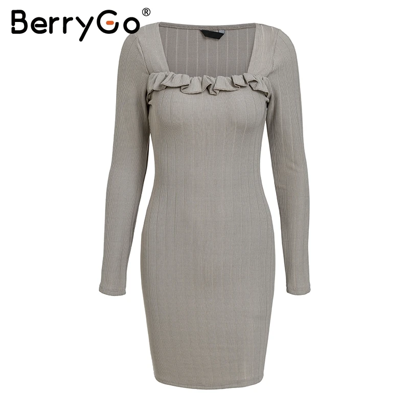 Light Grey BerryGo винтажное вязаное платье-свитер с квадратным вырезом, женское сексуальное облегающее платье с оборками и длинным рукавом, осенне-зимние платья черного цвета - Цвет: Light Grey