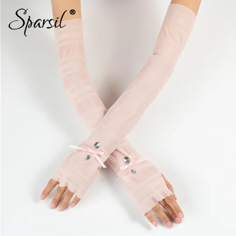Sparsil, женские кружевные перчатки, солнцезащитный крем, бант, бурильная пуховка, для вождения, для улицы, длинная секция, тонкая перчатка, отверстие для большого пальца, летняя рукавица для девочек