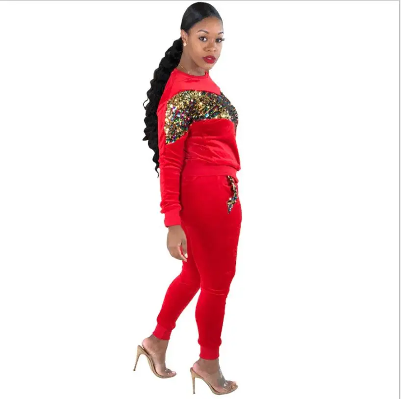 Осенне зимний женский костюм из двух предметов Бархатные Топы с пайетками и
