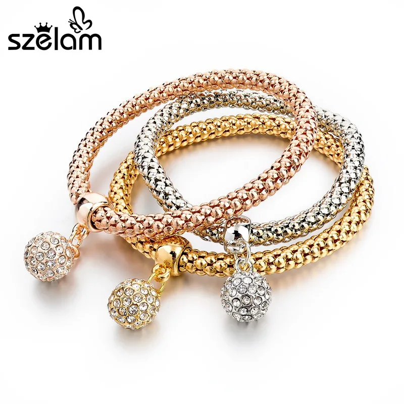 3Pcs Elastic Chain Gold Bracelets For Women 2019 Fashion Jewellery Crystal Ball Pendant Charm Pulseria SBR150181 | Украшения и