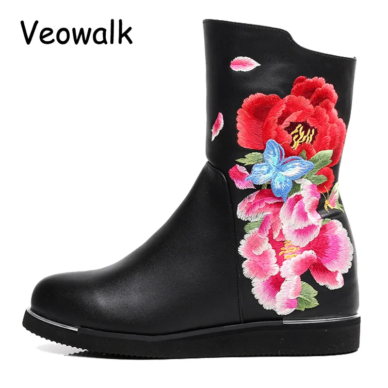 Veowalk/модные зимние женские черные короткие ботильоны с цветочной вышивкой, женская теплая обувь на меху, zapato mujer Imported из искусственной кожи