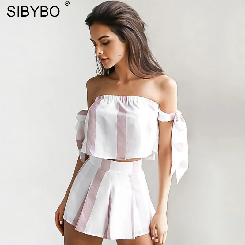 Розовый Sibybo с бантом в полоску Элегантный Летний комбинезон-песочник для женщин с открытыми плечами и открытой спиной пляжный вечерний костюм из двух частей - Цвет: Розовый