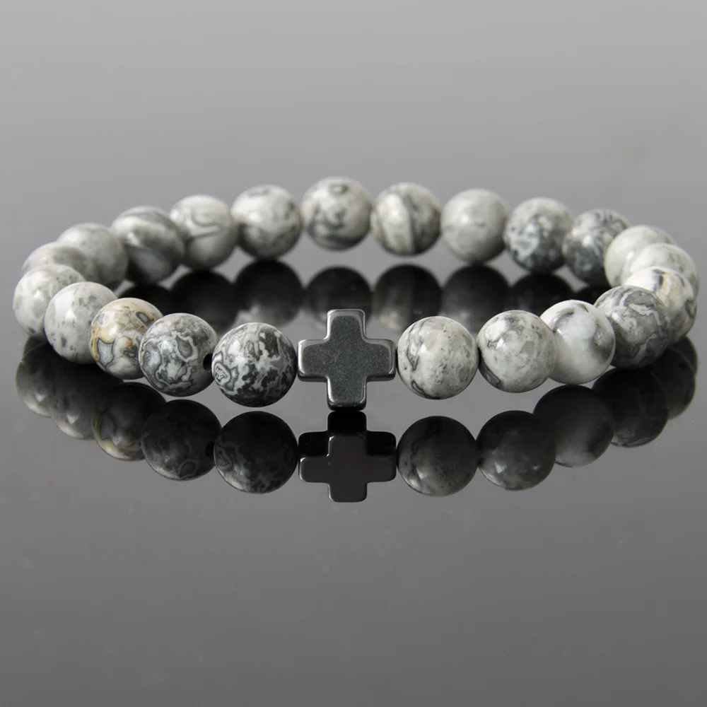 Новинка 22016 браслет из натурального серого камня 8 мм с бусинами в виде карты