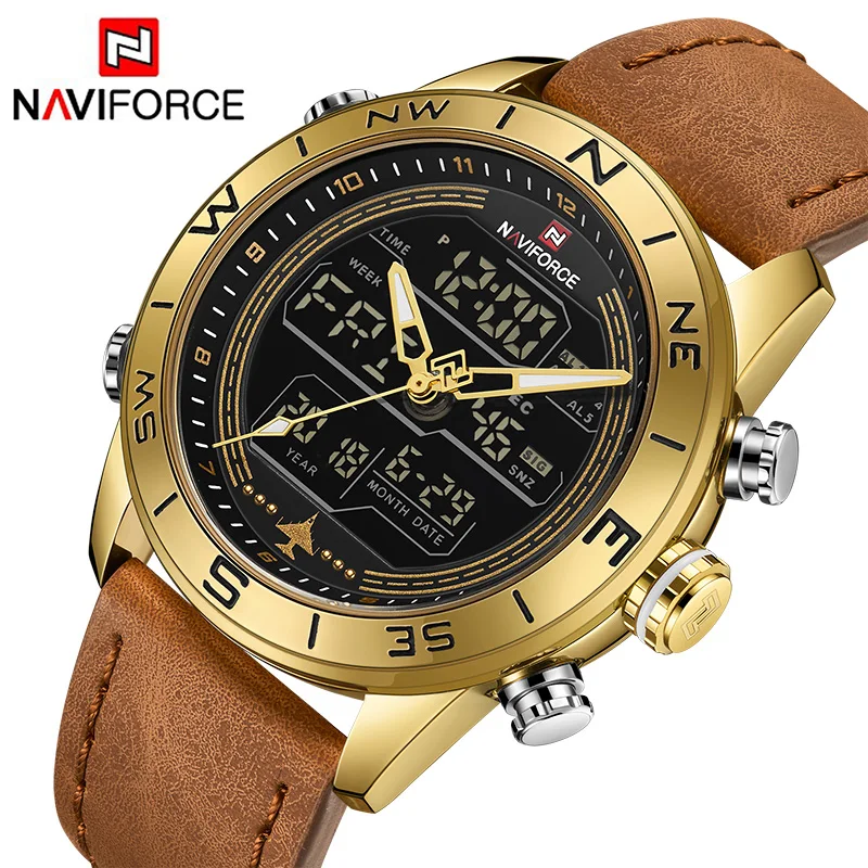 

NAVIFORCE Роскошные брендовые золотые мужские часы Военные Спортивные кварцевые наручные часы из натуральной кожи Цифровые Аналоговые часы водонепроницаемые часы