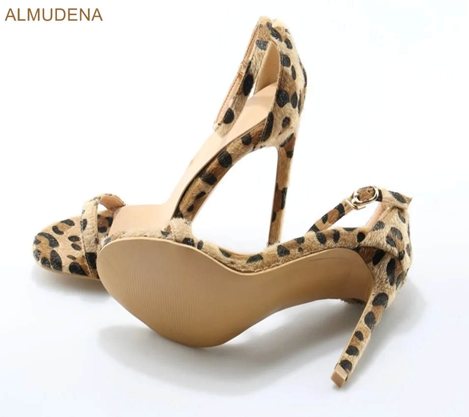 ALMUDENA Women Stylish Sexy Leopard Horse Hair Sandals Stiletto Heels Single Strap Pumps Ankle Buckle Contact Party Shoes | Обувь