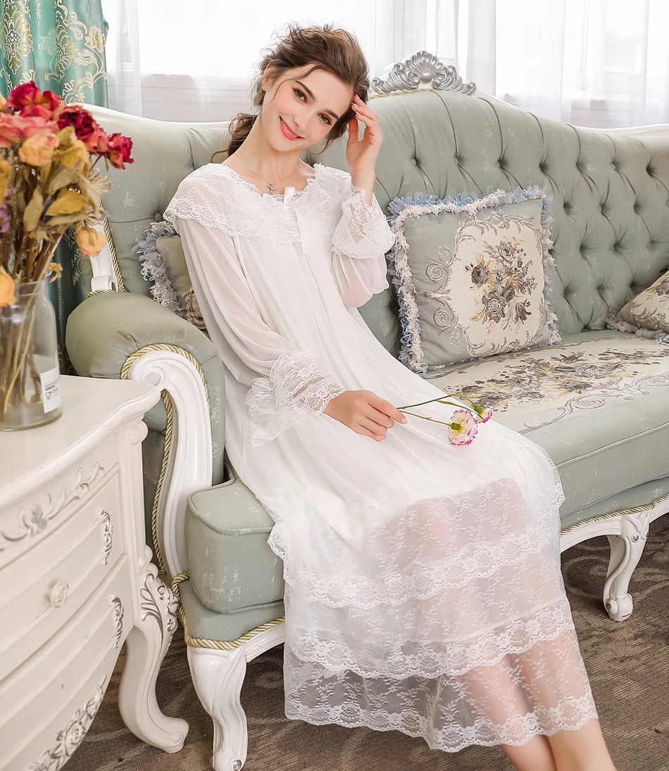 Ночная сорочка женская кружевная с длинным рукавом свободного покроя|Ночные