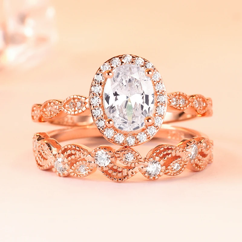 Романтическое розовое золото овальный вырез прозрачный 1.0ct CZ кружевная рамка