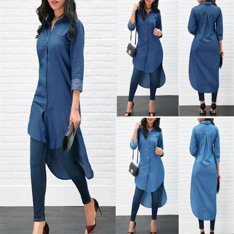 

Spring Women Long Sleeve Blouse Short Lapels Long Ladies Long Denim Shirt Solid Color Button Ladies Top Female Blouse