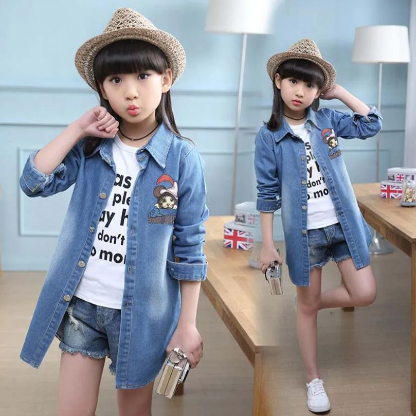 Girls jacket baby cotton denim children spring autumn cartoon shirt kids jeans childre casual clothes teenage windbreaker | Детская