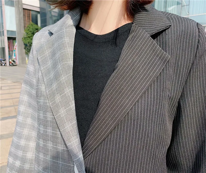 Women Autumn Patchwork Black Gray Blazers Female Contrast Color Irregular Jackets Coat Long Sleeve Office Lady Clothes manteau