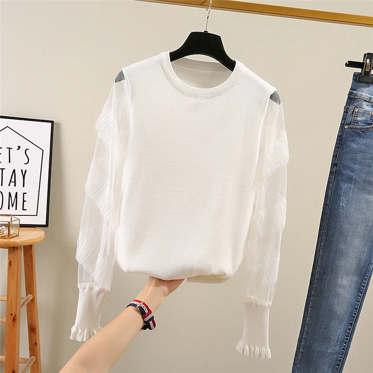 ALPHALMODA вязаный джемпер с оборками и кружевным рукавом в стиле пэчворк женские осенние однотонные пуловеры Изящные свитера
